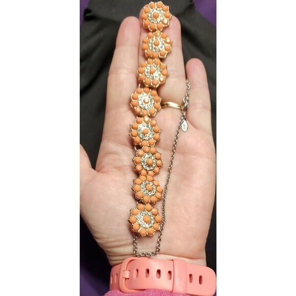 Premier Designs Coral Colored Flower Station Necklace, with clear rhinestones - Picture 6 of 9